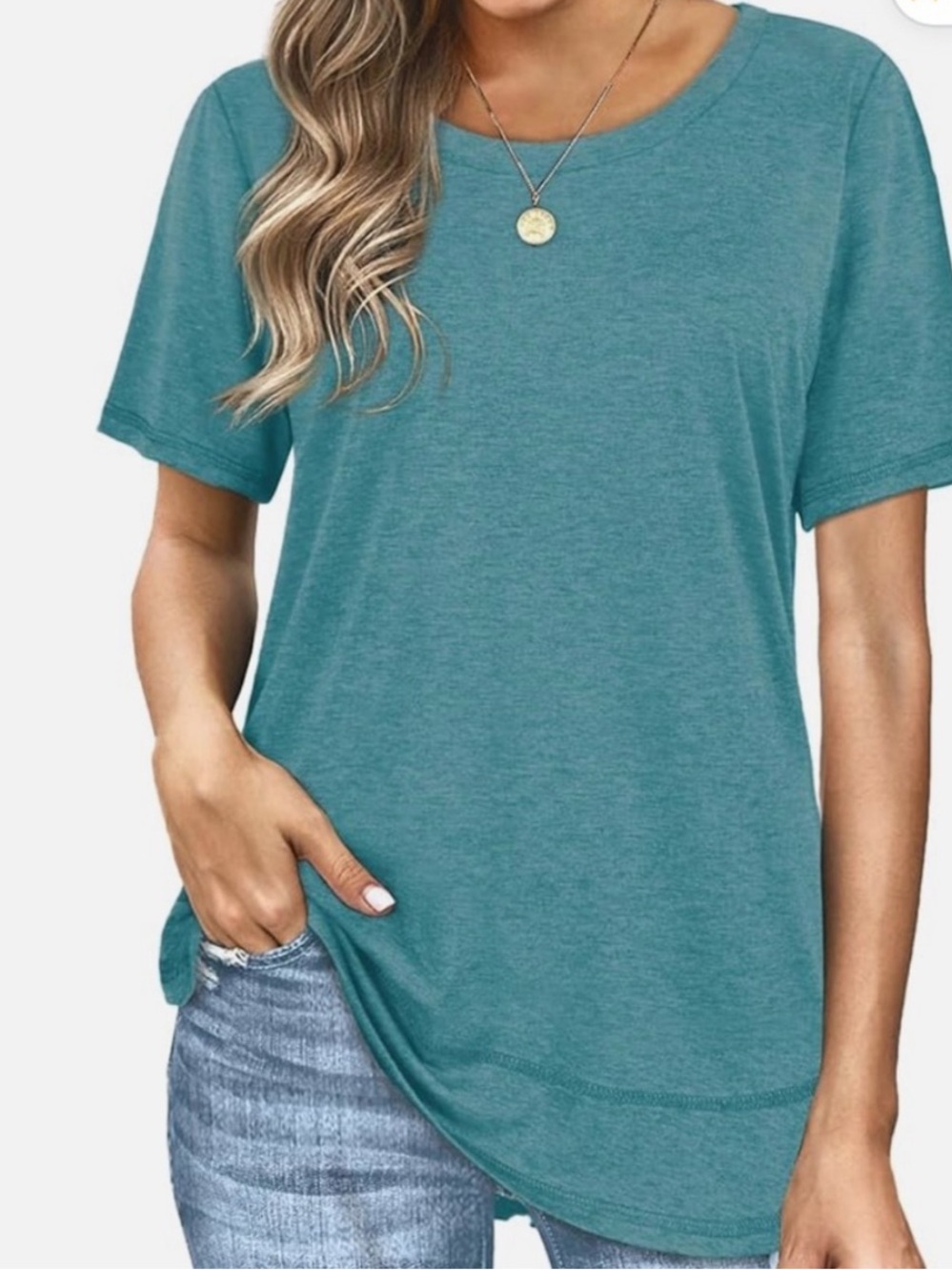 Womens Short Sleeve Summer T-Shirt casual Curved bottom Hem Teal Short Sleeve